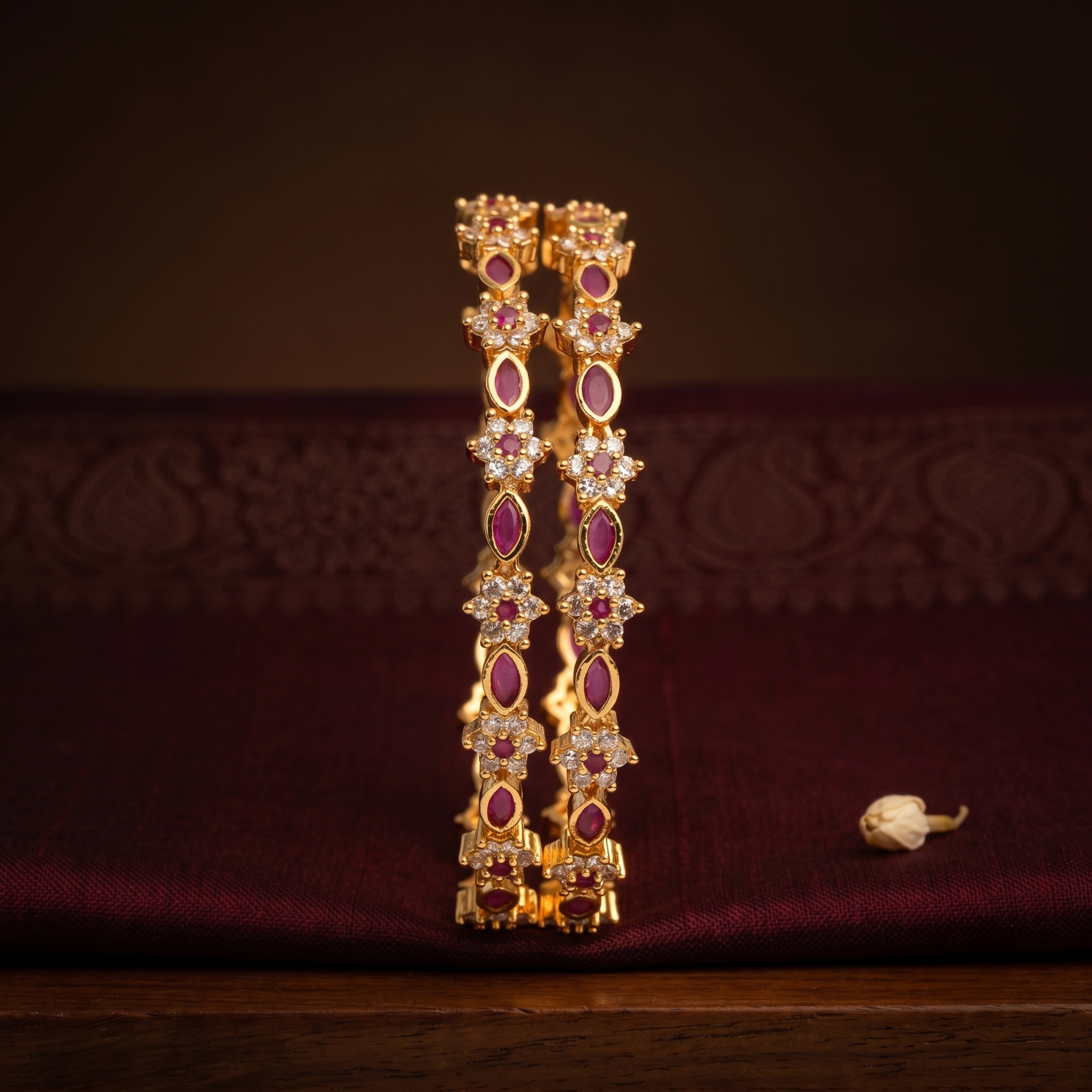 Ruby and White AD Floral Bangle close-up view - Avalna